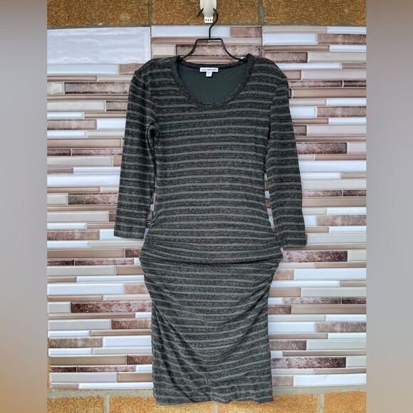 Standard James Perse Midi Dress Gray Green Striped Ruched Scoop Neck Cotton 1 - Picture 1 of 8